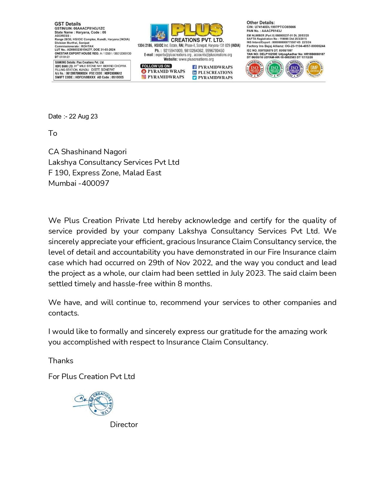 Plus Creation Private Ltd Certificate